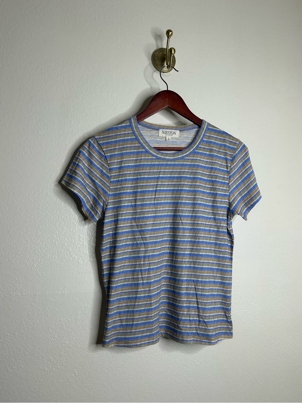 Nation LA Cotton Striped Blue Short Sleeve Cropped T- Shirt Size Small